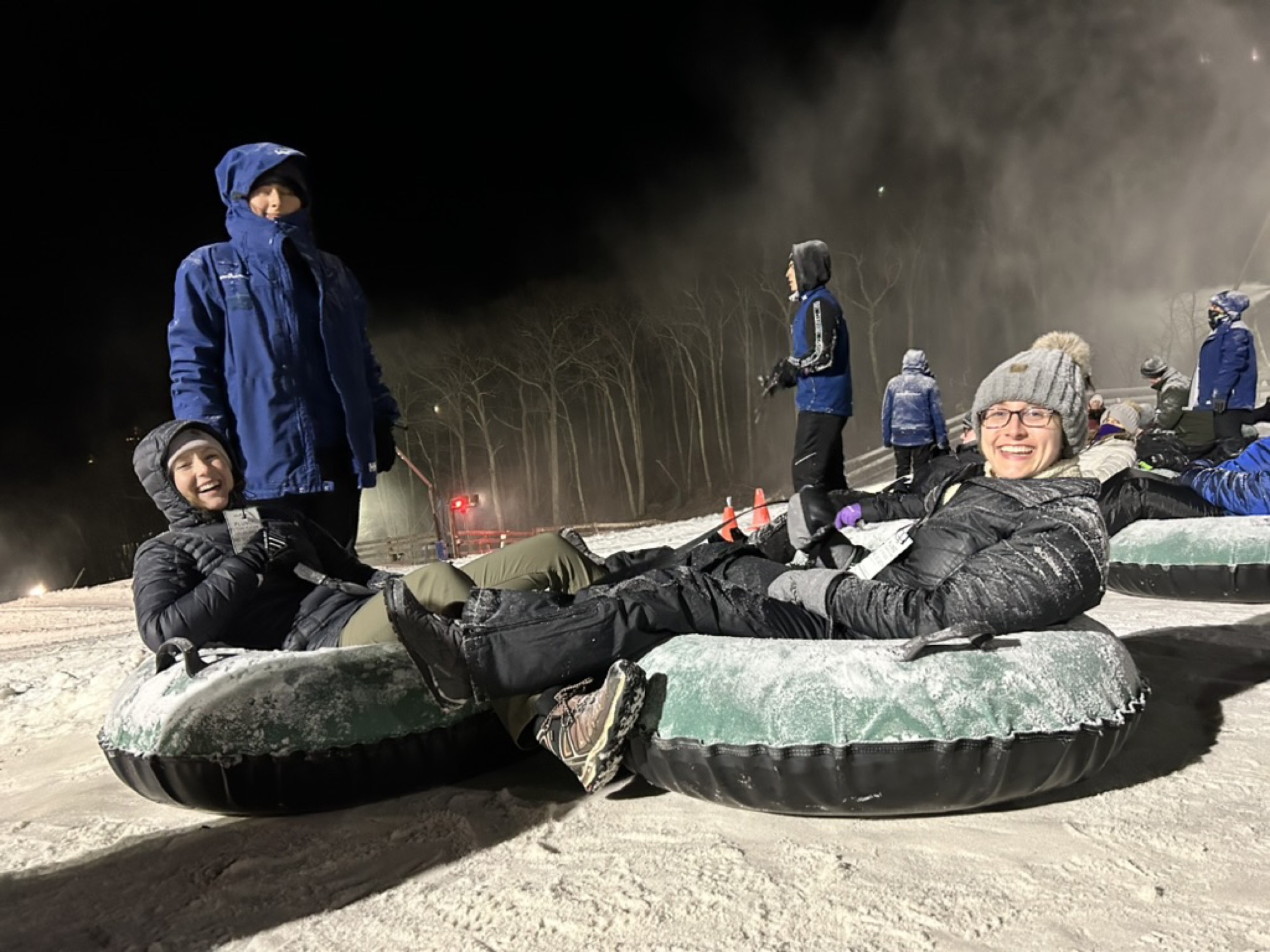 Snow tubing at night